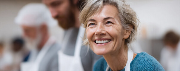 Smiling mature woman with others in background. Concept team work, leadership, optimism, learning. For articles, advertising, training, community, cooking, and wellbeing topics.