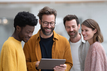 Diverse team collaborating. Group of colleagues looking at a tablet, sharing ideas and smiling. Teamwork, innovation, and technology concepts.