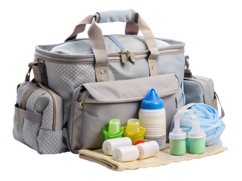 Baby diaper bag with accessories isolated on transparent background