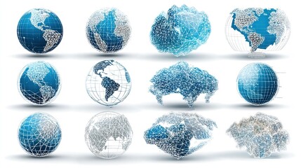 Globe vector graphics in 2D and 3D styles showing Earth from multiple angles, ideal for geography, travel, and global presentations