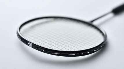 Closeup of a badminton racket against a clean, white backdrop. Focus on the strings  rim, suggesting precision, competition, or active lifestyle. Useful for sports or fitness related content.