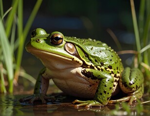 Fototapeta premium A detailed close-up portrait of a large green frog with speckled skin in a wetland environment.