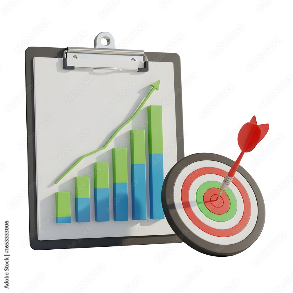 Poster 3d icon of business growth chart and target with dart isolated on transparent background