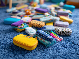 Colorful pencil cases scattered on a blue carpet. Represents childhood, education, organization, creativity, mess, learning, and backtoschool themes. Ideal for illustrating school supplies.