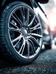 Close-up of a sleek, modern car wheel with intricate alloy rim design