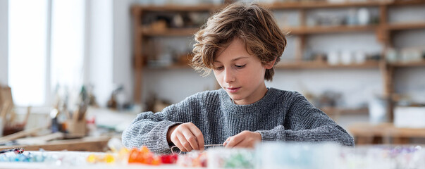 Focused child threading colorful beads, engaged in a creative craft activity. Shows patience, concentration and imagination. Ideal for education, childhood, or hobbies themes.