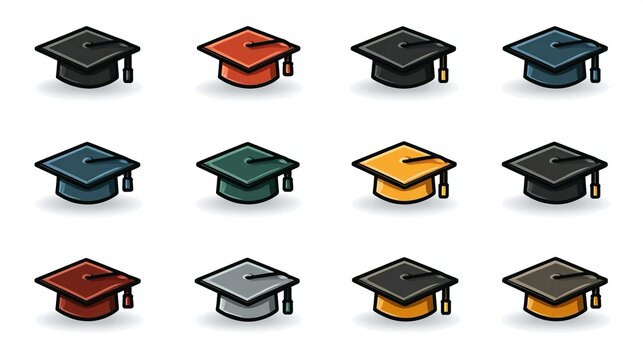 Graduation cap icons in flat and outline styles, ideal for graduation announcements, education infographics, and ceremony designs
