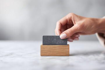 Elegant image showcasing a hand placing a dark card into a minimal wooden holder. Great for business concepts, design presentation, or organizational themes.