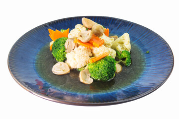 Stir-fried mixed vegetables with broccoli, cauliflower, carrots and straw mushrooms isolated on white background