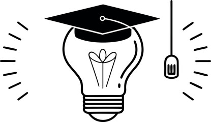 Vector art of lightbulb with graduation cap and radiating lines, isolated on white background