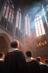 Choir members stand silhouetted in a grand cathedral, light streaming through stained glass. Evokes faith, tradition, and hope. Ideal for religious or spiritual themes.