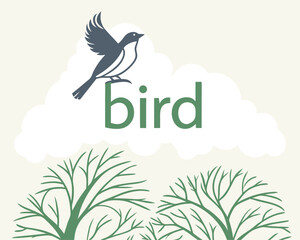 Stylized Illustration of a Bird in Flight with Trees and Clouds Simple and Modern Design for Creative Projects and Nature Themes