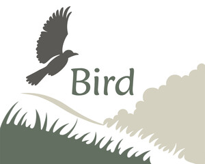 Stylized bird in flight with nature landscape illustration for design and graphic resources vector drawing minimal clean look