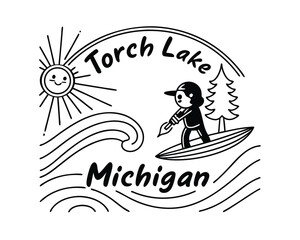 Torch Lake Michigan Illustration with Surfer and Smiling Sun Summer Vibes Tourist Attraction Black and White
