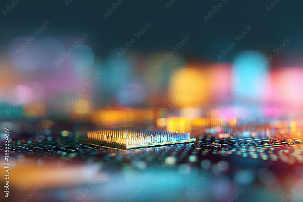 Poster closeup on a microchip resting on a circuit board, showcasing technology and innovation. ideal for i