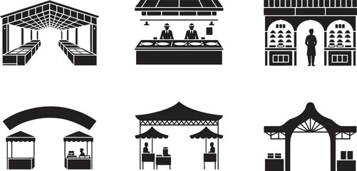 Market Stall Collection Vector Set of Outdoor Vendor Booths and Structures for Commerce