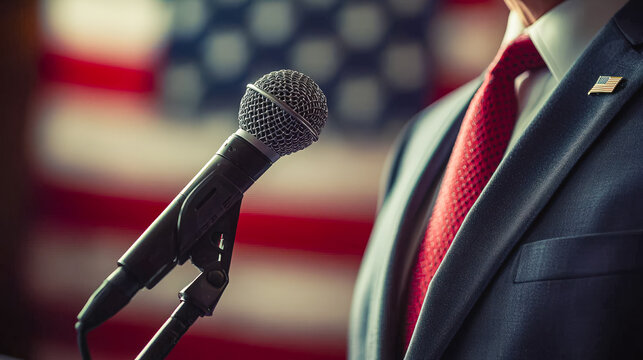 Politician preparing for a speech at a rally with an American flag background