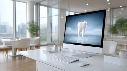 Computer workstation in modern office showcasing dental care concept