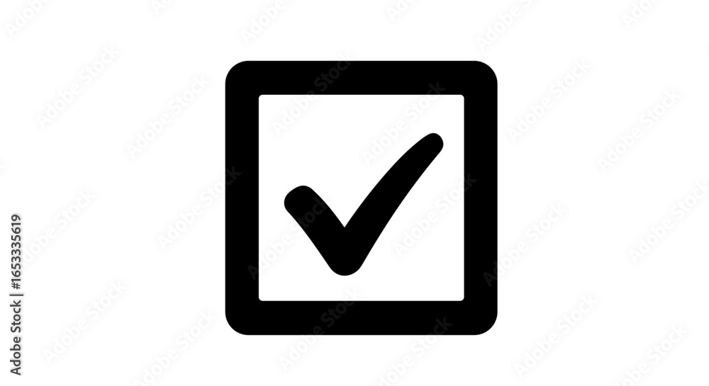 Poster black check mark inside a rounded rectangle shape on a white page view