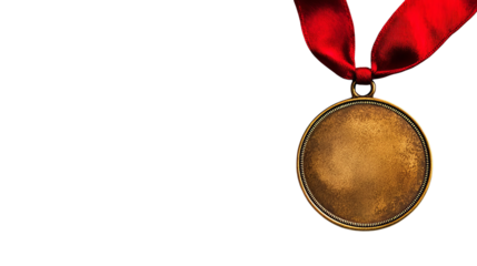 Gold medal with red ribbon, symbolizing achievement and victory.