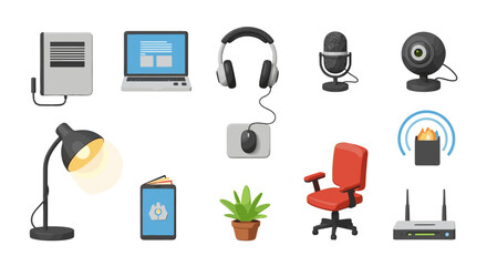 Illustration of various office and home office equipment and accessories
