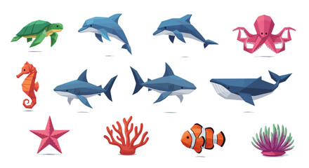 Collection of low poly sea animals including turtle dolphin and shark