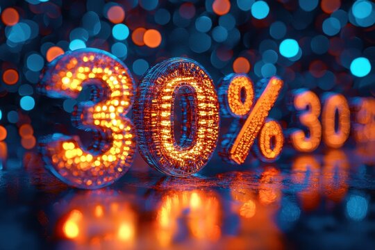 Brightly lit 30% discount offer with illuminated numerical figures and colorful bokeh background