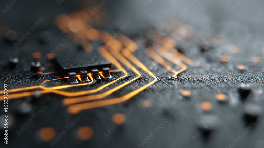 Poster abstract image of a dark circuit board with glowing orange pathways and components. represents techn