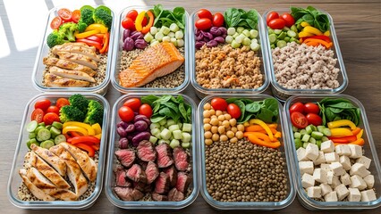 Weekly set of healthy meal prep containers with vegetables, protein, and grains, neatly arranged in grid layout under bright lighting, ideal for diet and planning concepts.