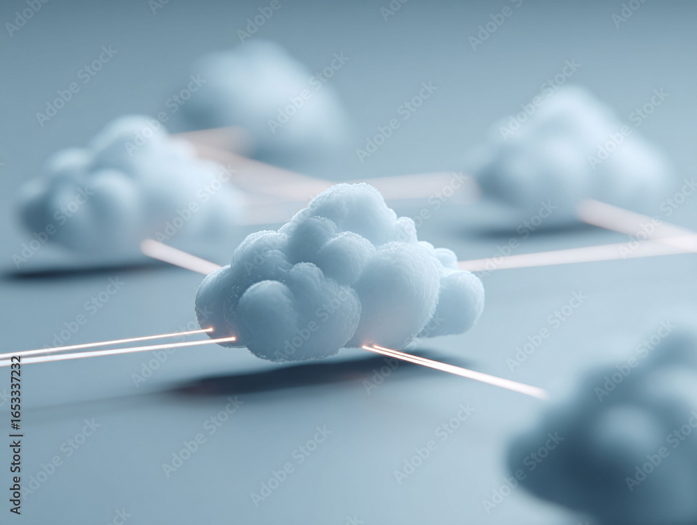 Poster abstract visual depicting data network concept. stylized clouds connected by glowing lines, suggesti