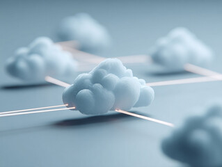 Abstract visual depicting data network concept. Stylized clouds connected by glowing lines, suggesting cloud computing, digital transformation,  interconnected systems. Tech, finance usage.