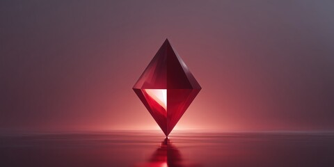 A glowing deep red diamond-shaped crystal standing vertically on a reflective surface with a soft light glow.

