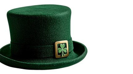 A festive green top hat adorned with a gold shamrock, symbolizing celebration and St. Patrick's Day spirit.