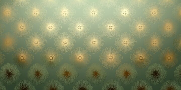 Fototapeta A vintage-style pattern of golden floral motifs over a muted green textured surface with soft glowing highlights.  
