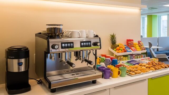 Modern office kitchenette with coffee machine and snacks