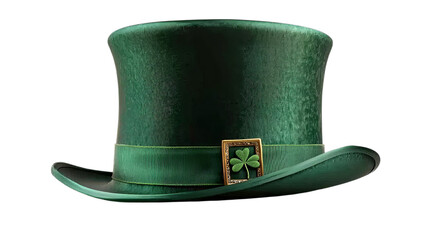 A vibrant green top hat with a gold buckle and a shamrock emblem, evoking festive St. Patrick's Day spirit.