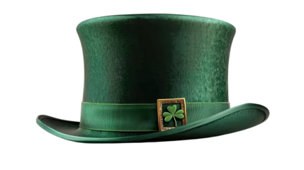 A vibrant green top hat with a gold buckle and a shamrock emblem, evoking festive St. Patrick's Day spirit.