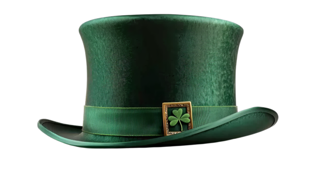 A vibrant green top hat with a gold buckle and a shamrock emblem, evoking festive St. Patrick's Day spirit.