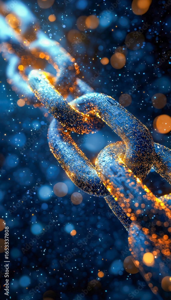 Poster digital rendering of a futuristic glowing chain with sparkling particles and vibrant bokeh backgroun