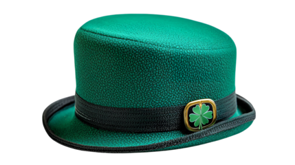 A stylish green top hat adorned with a four-leaf clover emblem, perfect for festive celebrations and special occasions.
