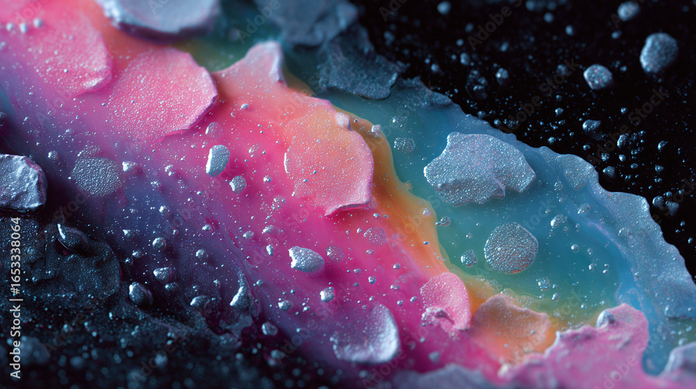 Poster abstract macro shot showcasing a vibrant gradient of colors resembling a cosmic landscape. evokes fe