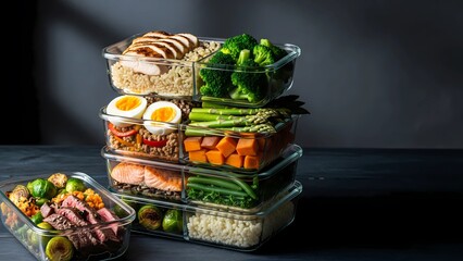 Protein-packed meal prep containers with chicken, boiled eggs, broccoli, and rice on dark moody background, ideal for gym, bodybuilding, and fitness nutrition themes.