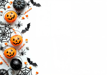 Spooky Halloween frame design with jack-o-lanterns, black bats, creepy spiders and sweets