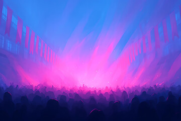 benefit concert, a stage at a charity concert adorned with banners and an enthusiastic crowd cheering