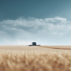 Fototapeta premium Golden field, dramatic sky. Combine harvests grain on farm. Agriculture, industry, food production concept. Powerful machinery in rural scene.