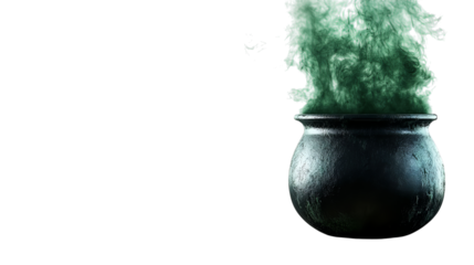 A mystical black cauldron emitting vibrant green smoke, creating an enchanting atmosphere perfect for Halloween.