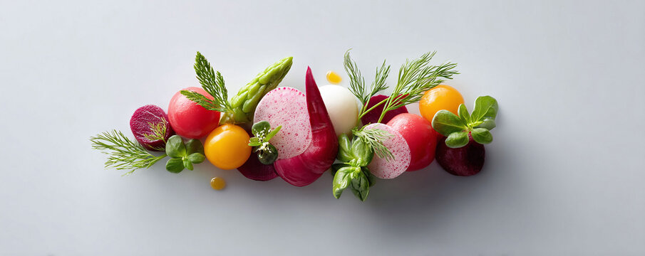 Exquisite food art A vibrant array of fresh vegetables, herbs, and modern gastronomy elements create a visually stunning, minimalist composition. - Powered by Adobe