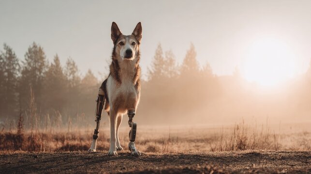 Inspirational dog with robotic hind limbs in serene outdoor landscape - Powered by Adobe
