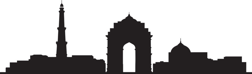 New Delhi Skyline Silhouette Vector Illustration with Famous Landmarks and Cityscape