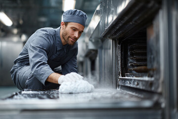 Focused worker diligently cleans a commercial oven with meticulous care, symbolizing hygiene, maintenance, and dedication in a professional kitchen setting.